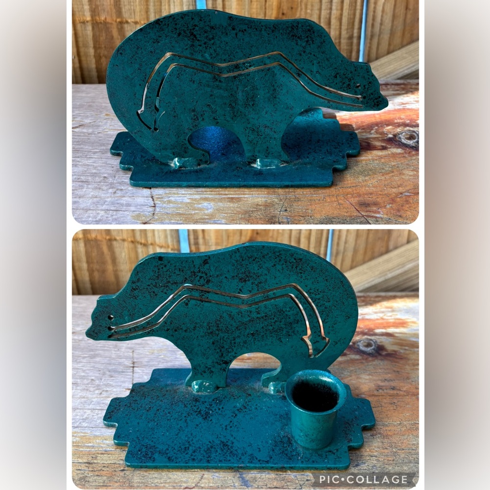 Vintage 1993 The Metal Man Green Metal Bear Candle Stick Holder Size 6” Long